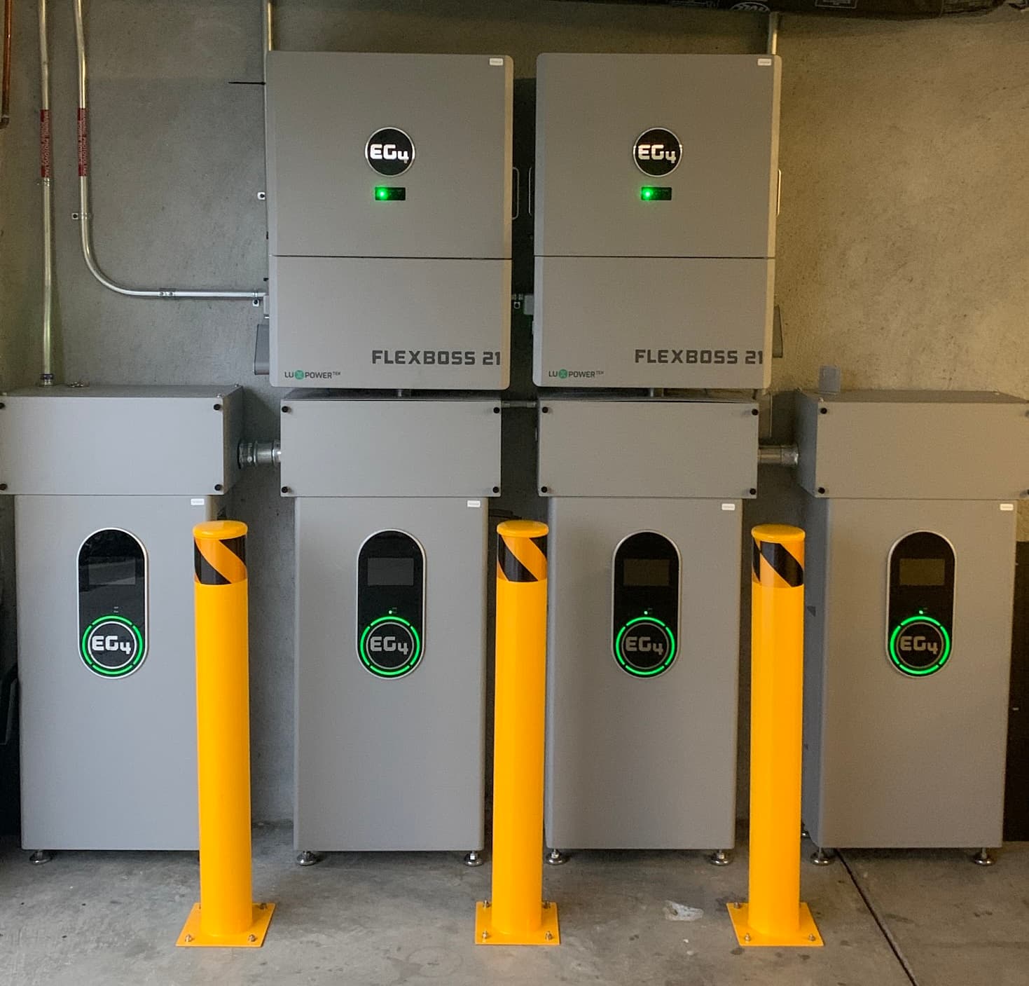 A 57.2 kWh EG4 battery system, two FlexBoss 21 inverters over four EG4 batteries, in a Bay Area garage